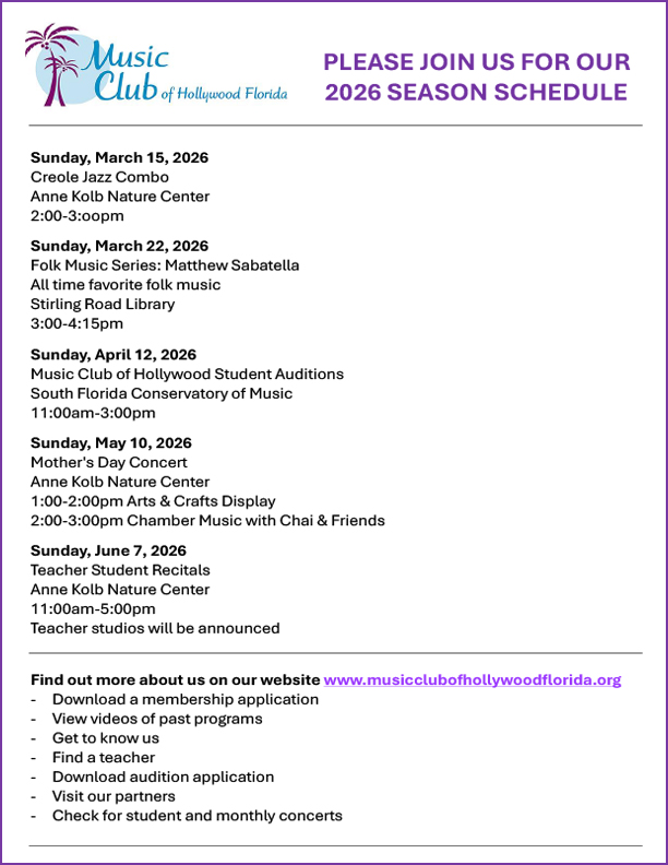 2026 Music Club of Hollywood Schedule